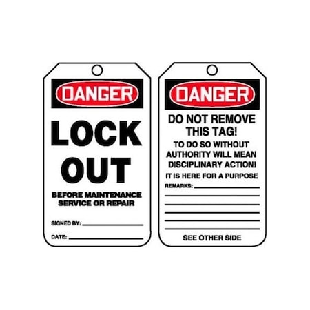 Accuform Safety Tags, DANGER LOCK OUT BEFORE SERVICE OR REPAIR, 5.75in x 3.25in, RP-Plastic, 5PK MDT176PTM